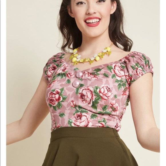 Modcloth Tops - Collectif x MC Dusty Pink Roses Blossom Cotton Top